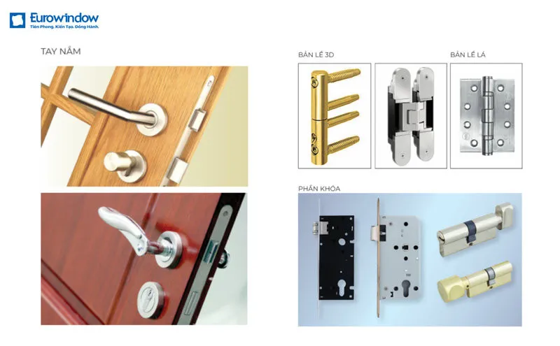 Eurowindow wooden door hardware systems include handles, hinges, and locks selected synchronously for each door product line.