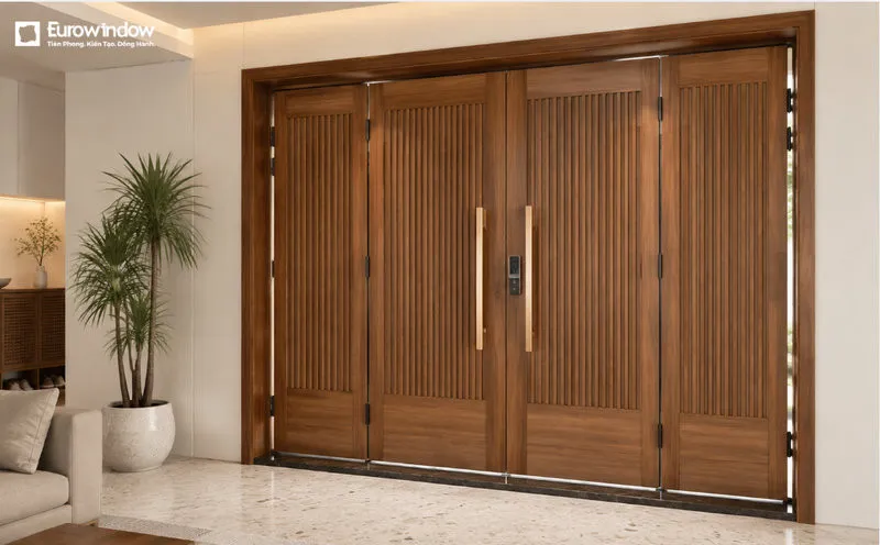 Hệ cửa bốn cánh nan dọc tạo cảm giác bề thế, đồng thời làm nổi bật khu vực ra vào nhà. (Nguồn: Eurowindow)