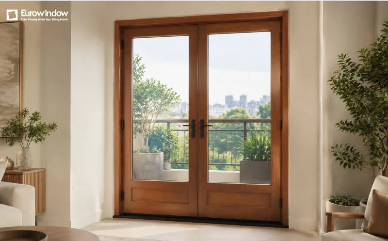 Khung gỗ kết hợp kính trong suốt giúp cửa ban công đón sáng và duy trì tầm nhìn thoáng. (Nguồn: Eurowindow)