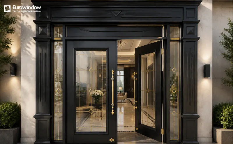 Khung nhôm màu đen kết hợp kính lớn tạo vẻ sang trọng cho công trình (Nguồn: Eurowindow)