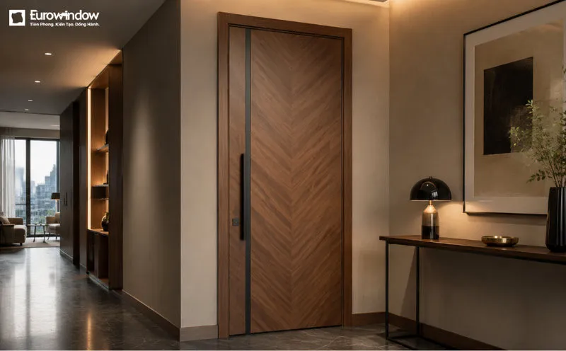 Kiểu ghép Veneer xương cá kết hợp tay nắm dài tạo điểm nhấn độc đáo cho khu vực hành lang. (Nguồn: Eurowindow)