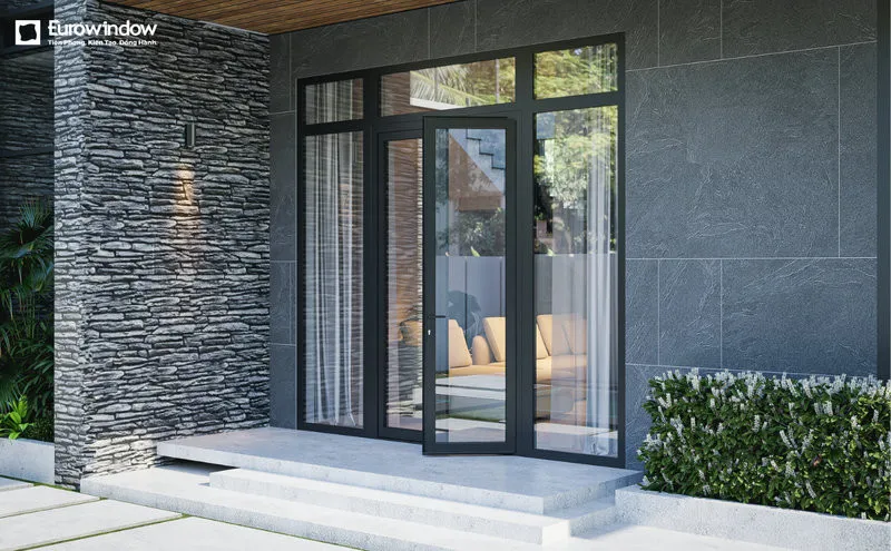 Mẫu cửa đi 4 cánh nhôm kính mở quay ra ngoài cho mặt tiền hiện đại (Nguồn: Eurowindow)