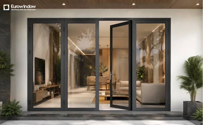 Mẫu cửa đi nhôm kính 4 cánh mở quay vào trong hiện đại (Nguồn: Eurowindow)