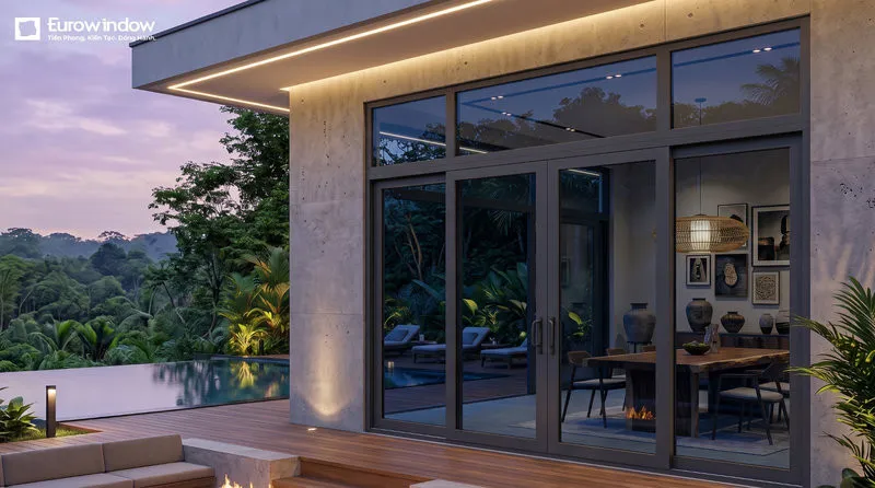 Mẫu cửa đi nhôm kính xanh đen 2 cánh mở trượt, mang đến vẻ đẹp hiện đại và tận dụng tối đa ánh sáng tự nhiên. (Nguồn: Eurowindow)