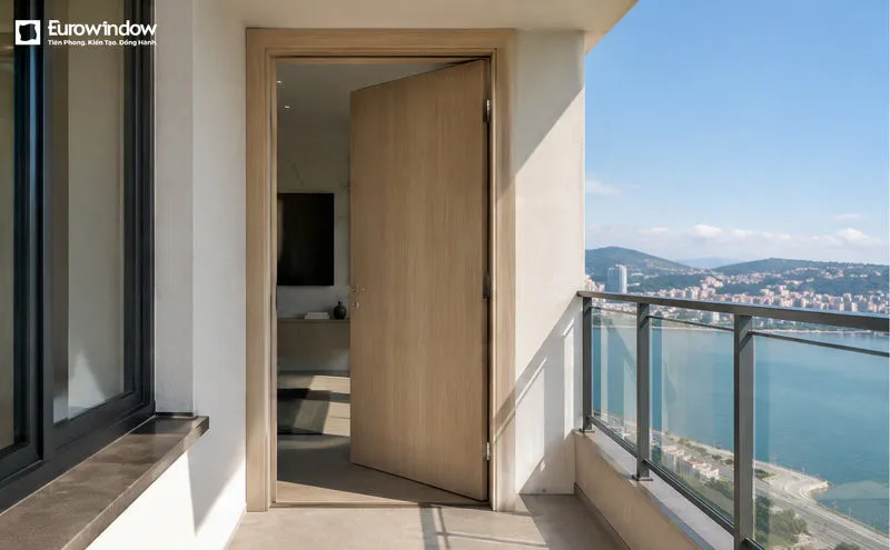 Mẫu cửa gỗ ban công 1 cánh mở quay vào trong thiết kế gọn gàng (Nguồn: Eurowindow)