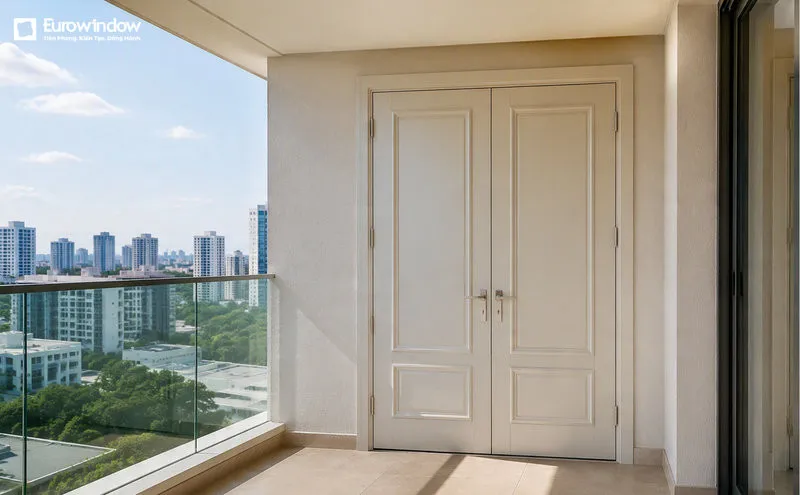 Mẫu cửa gỗ ban công màu kem tạo cảm giác ấm áp và nhẹ nhàng cho không gian sống (Nguồn: Eurowindow)