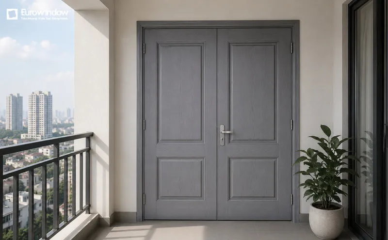 Mẫu cửa gỗ ban công màu xám tạo điểm nhấn sang trọng cho nhà ở hiện đại (Nguồn: Eurowindow)