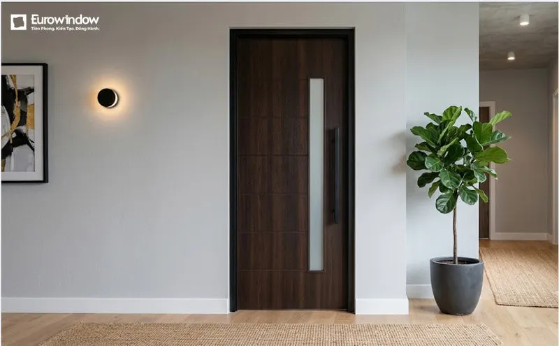 Mẫu cửa gỗ công nghiệp màu nâu đen hiện đại với thiết kế tối giản, điểm nhấn là ô kính dọc thanh mảnh, tạo vẻ đẹp tinh tế cho không gian. (Nguồn: Eurowindow)