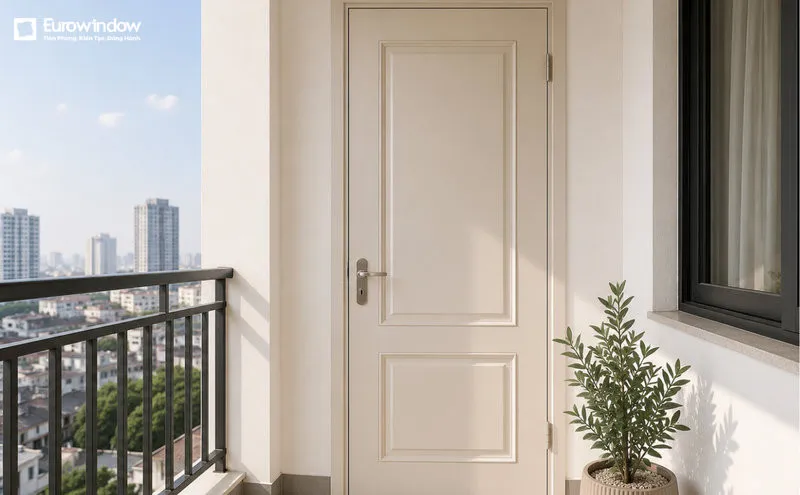Mẫu cửa gỗ màu kem mang vẻ đẹp tinh tế, dễ đồng bộ với màu sắc ngoại thất công trình (Nguồn: Eurowindow)