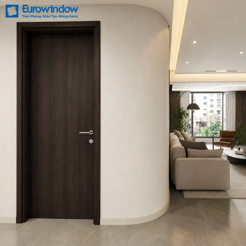 Mẫu cửa gỗ màu nâu đen 1 cánh thiết kế tối giản, hiện đại. (Nguồn: Eurowindow)