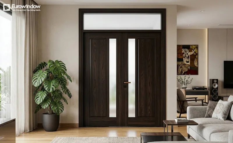 Mẫu cửa gỗ màu nâu đen hiện đại cho phòng khách với thiết kế tối giản, đường nét tinh gọn. (Nguồn: Eurowindow)