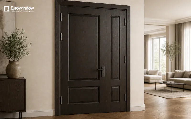 Mẫu cửa gỗ nâu đen 2 cánh thiết kế pano nổi, tạo điểm nhấn tinh tế và đồng điệu với phong cách nội thất hiện đại. (Nguồn: Eurowindow)