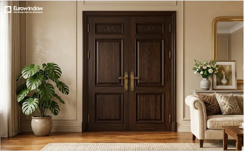 Mẫu cửa gỗ tự nhiên màu nâu đen cho phòng khách mang vẻ đẹp sang trọng, ấm cúng. (Nguồn: Eurowindow)
