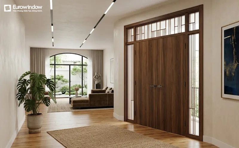 Mẫu cửa gỗ tự nhiên màu nâu đen phong cách hiện đại nổi bật với thiết kế tối giản, đường nét tinh gọn. (Nguồn: Eurowindow)