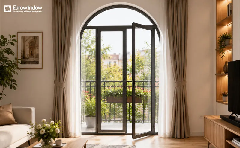 Mẫu cửa kính ban công mái vòm tạo điểm nhấn kiến trúc sang trọng (Nguồn: Eurowindow)