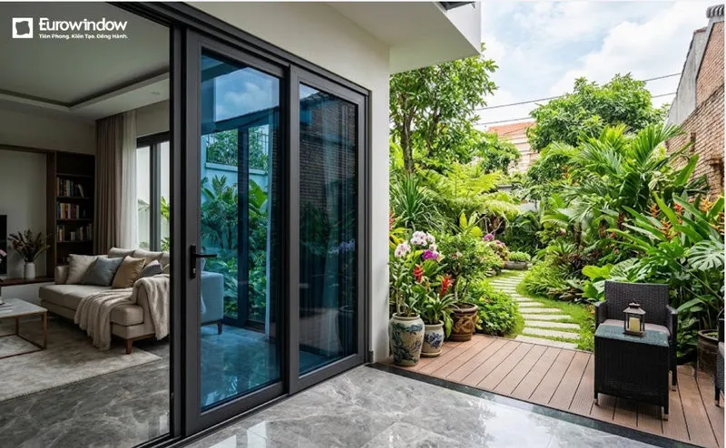 Mẫu cửa nhôm kính xanh đen dạng trượt giúp mở rộng tầm nhìn, mang đến sự thông thoáng và gần gũi với thiên nhiên. (Nguồn: Eurowindow)