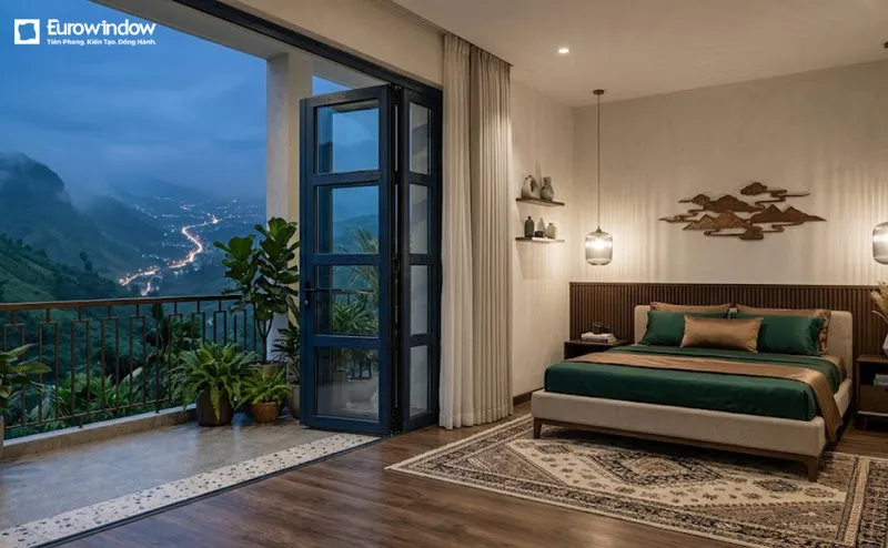 Mẫu cửa nhôm kính xanh đen giúp phòng ngủ đón ánh sáng tự nhiên, đồng thời tạo điểm nhấn hiện đại và sang trọng cho không gian. (Nguồn: Eurowindow)