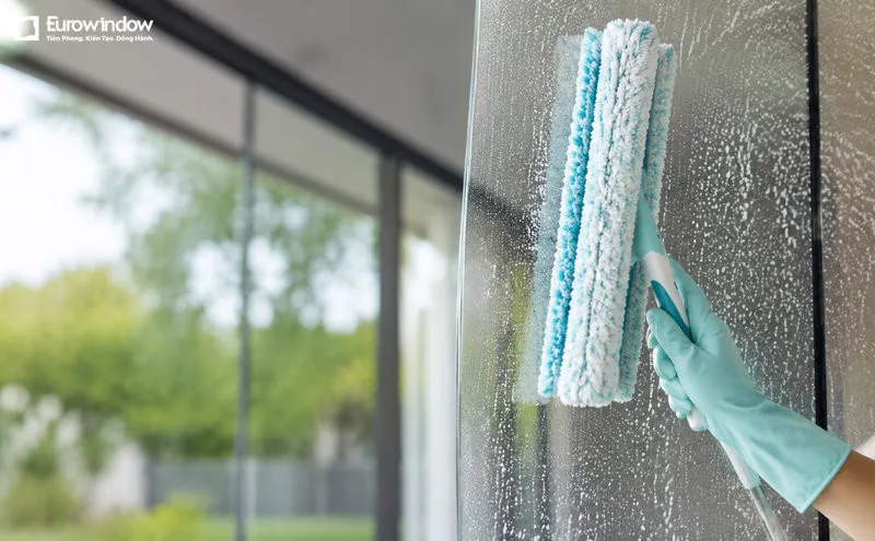 Nên sử dụng khăn mềm với nước sạch hoặc dung dịch vệ sinh có độ pH trung tính để làm sạch bề mặt kính (Nguồn: Eurowindow)
