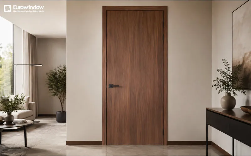 Sắc nâu trầm cùng đường vân Veneer tự nhiên tạo cảm giác ấm áp cho không gian phòng khách. (Nguồn: Eurowindow)