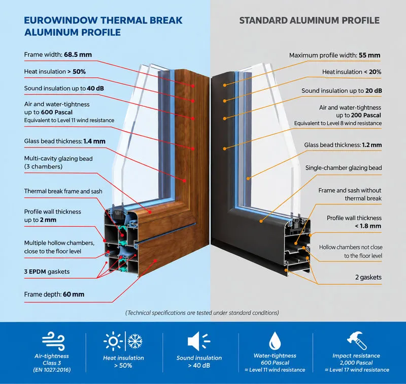 Thermal-break aluminum window systems provide superior sound and thermal insulation.