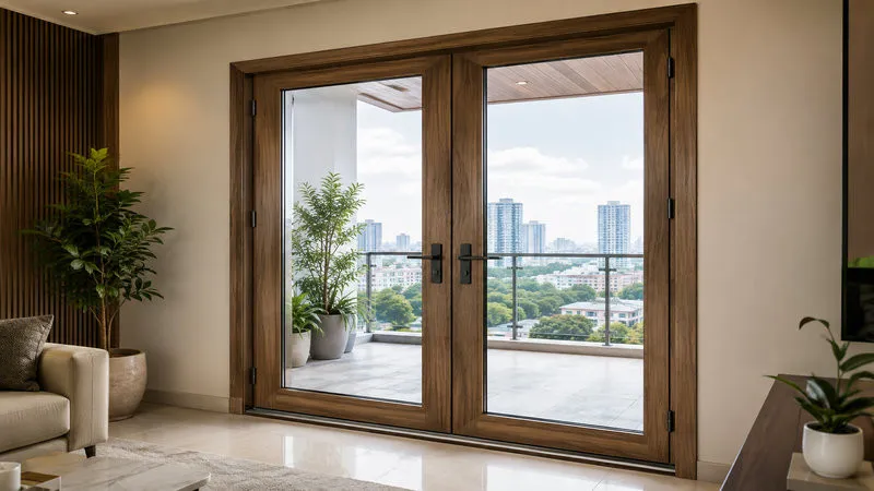 Thiết kế 2 cánh kính khung gỗ tạo sự kết nối liền mạch giữa phòng khách và khu vực ngoài trời. (Nguồn: Eurowindow)