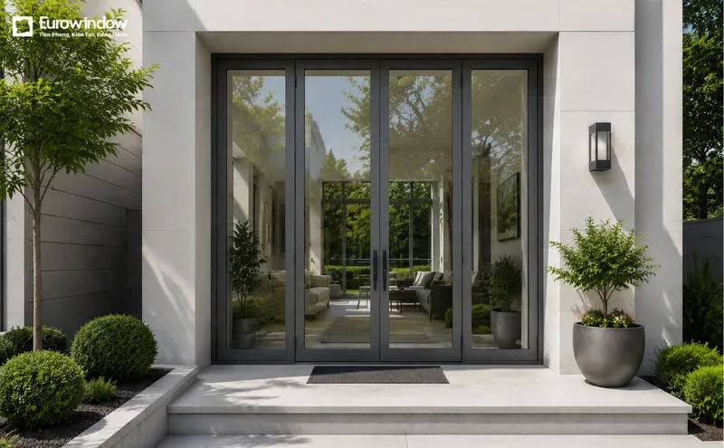 Thiết kế cửa đi màu xám trung tính phù hợp nhiều phong cách kiến trúc (Nguồn: Eurowindow)