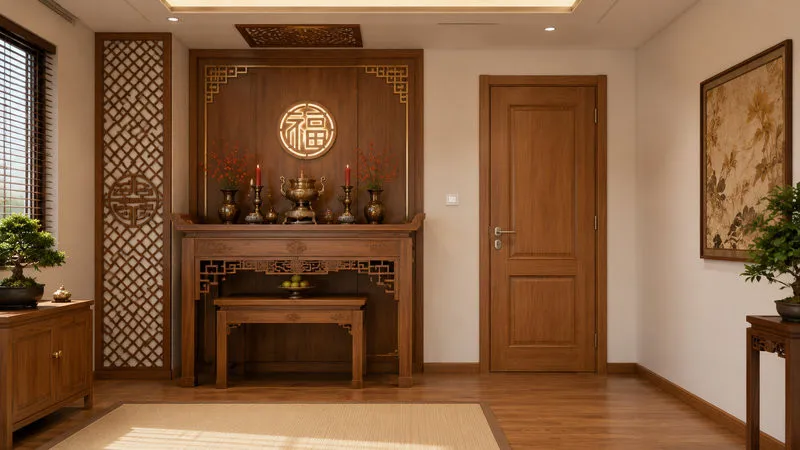 Thiết kế cửa gỗ giúp đồng bộ với bàn thờ và các chi tiết nội thất trong phòng (Nguồn: Eurowindow)