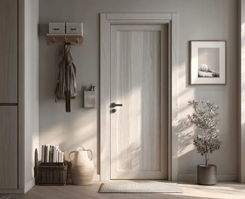 Thiết kế cửa gỗ nâu sáng kết hợp hài hòa với sàn gỗ và tường màu trung tính (Nguồn: Internet)