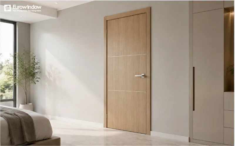 Thiết kế cửa màu gỗ sáng, đường nét tối giản giúp phòng ngủ thêm thoáng và trang nhã. (Nguồn: Eurowindow)