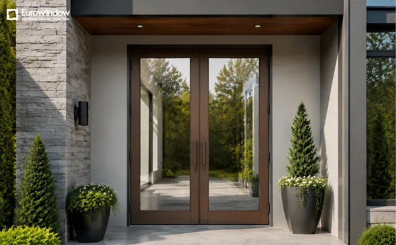Thiết kế cửa nhôm 2 cánh màu nâu hài hòa với không gian nội thất tông ấm (Nguồn: Eurowindow)