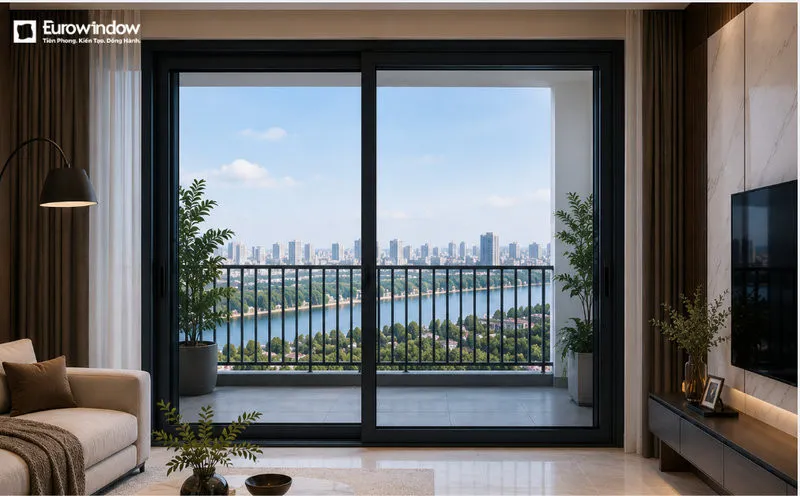 Thiết kế cửa nhôm kính xanh đen mở trượt mang đến vẻ đẹp hiện đại, tận dụng ánh sáng tự nhiên và mở rộng không gian ban công. (Nguồn: Eurowindow)
