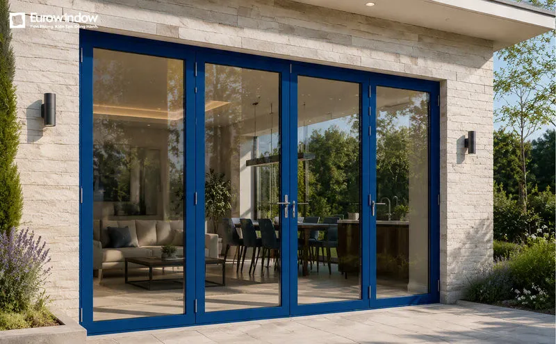 Thiết kế cửa nhôm xanh 4 cánh tạo khẩu độ mở rộng cho công trình (Nguồn: Eurowindow)