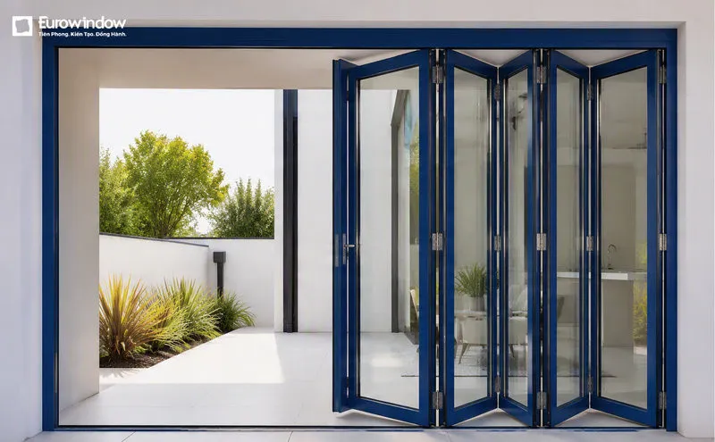 Thiết kế cửa nhôm xanh nhiều cánh xếp gọn phù hợp cho ban công (Nguồn: Eurowindow)