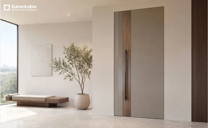 Thiết kế cửa phẳng đồng màu với tường tạo nên tổng thể liền mạch, phù hợp với không gian tối giản. (Nguồn: Eurowindow)