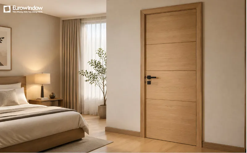Vân gỗ sáng và đường chỉ ngang giúp cửa phòng ngủ giữ được vẻ nhẹ nhàng, gần gũi. (Nguồn: Eurowindow)