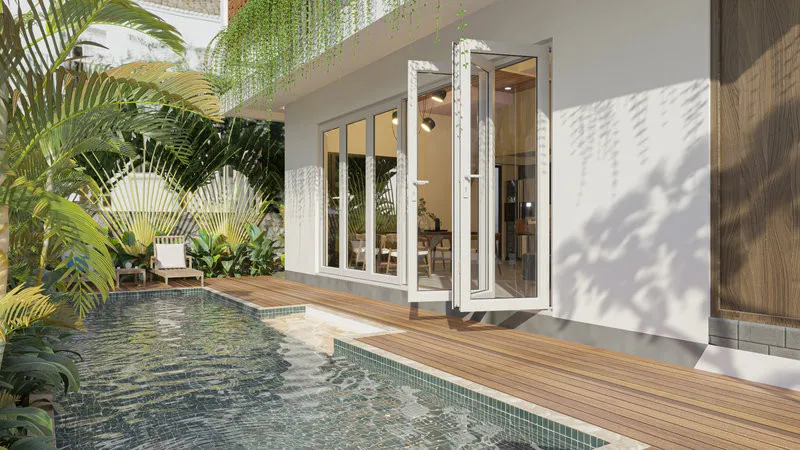 Cửa đi uPVC 6 cánh xếp trượt vận hành êm nhờ hệ con lăn, khóa chuyên dụng