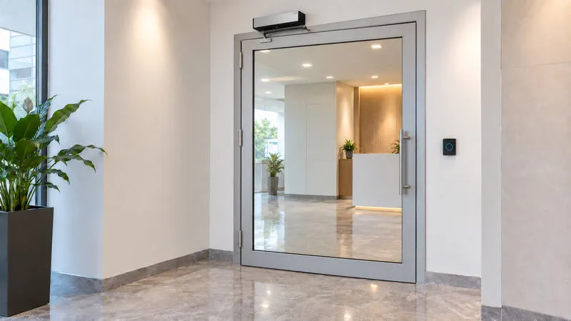 Cửa kính khung nhôm 1 cánh tích hợp bộ mở quay tự động và nút cảm ứng. (Nguồn: Internet)