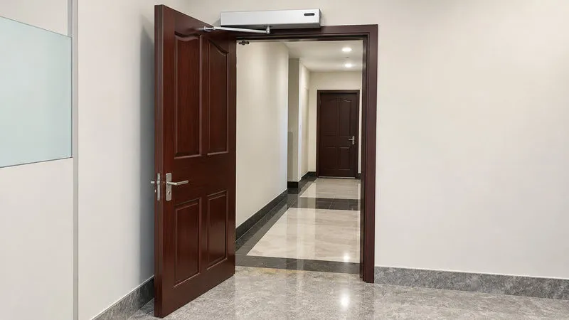 Cửa tự động 1 cánh mở quay bằng gỗ, lắp bộ truyền động phía trên khung cửa. (Nguồn: Internet)