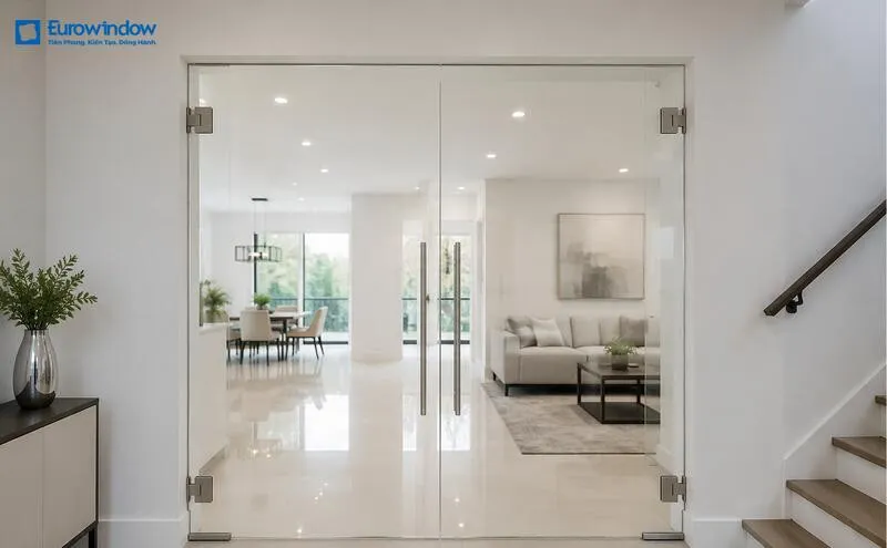 Diện tích kính, độ dày, kiểu mở, phụ kiện và điều kiện thi công đều ảnh hưởng đến chi phí cửa kính cường lực 2 cánh