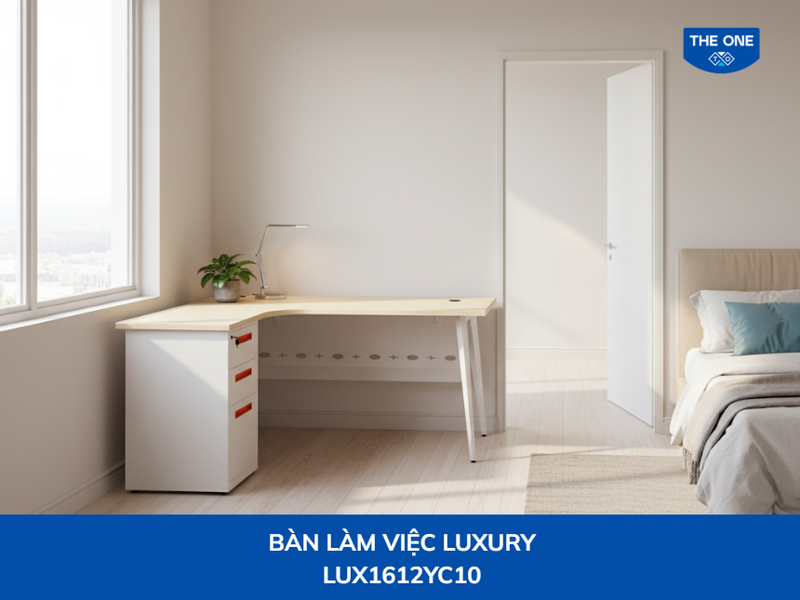 Bàn làm việc hình chữ L thiết kế thông minh tận dụng góc phòng, tạo không gian làm việc rộng rãi mà không chiếm nhiều diện tích