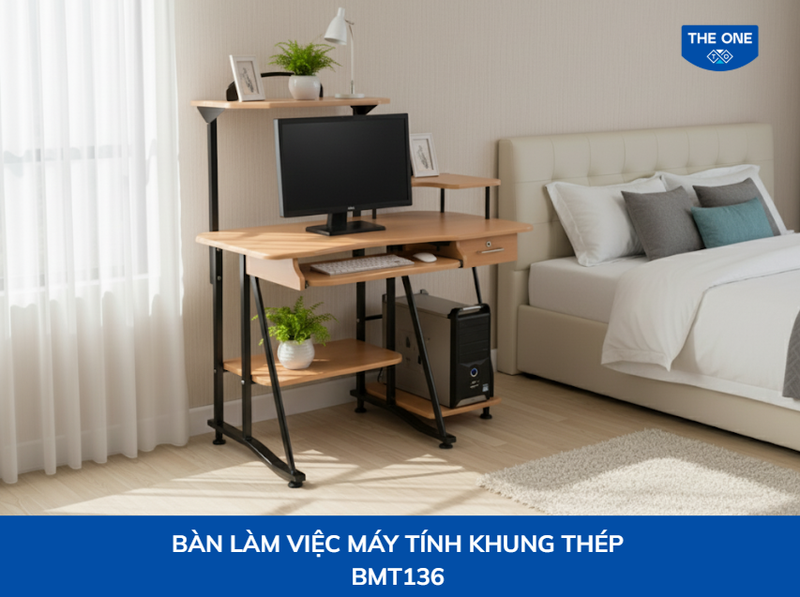 Bàn làm việc khung thép phối gỗ, phong cách hiện đại, phù hợp với phòng ngủ trẻ trung