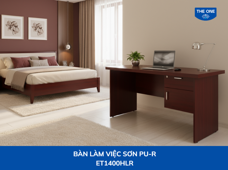 Bàn làm việc gỗ tự nhiên hình chữ nhật, có 2 ngăn kéo tiện lợi và mặt bàn rộng rãi, phù hợp với phòng ngủ phong cách Scandinavian hoặc hiện đại