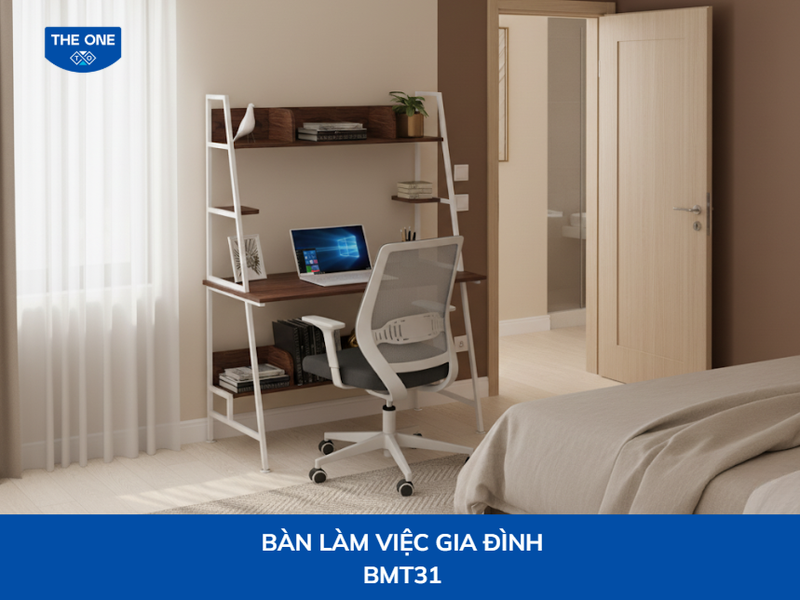 Bàn làm việc kết hợp kệ sách, vừa là nơi làm việc, vừa là không gian lưu trữ sách vở, tài liệu gọn gàng