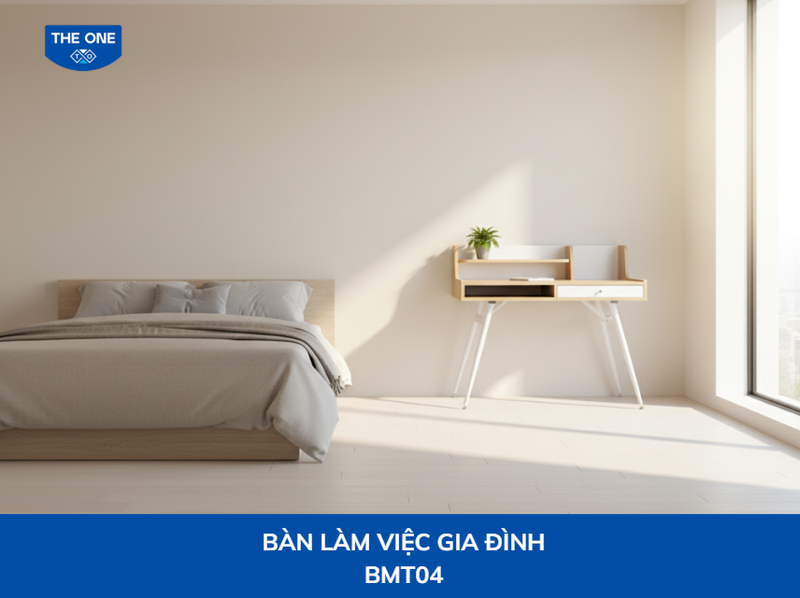 Bàn làm việc thiết kế tối giản với màu vân gỗ sáng và trắng, tạo cảm giác sạch sẽ và thoáng đãng