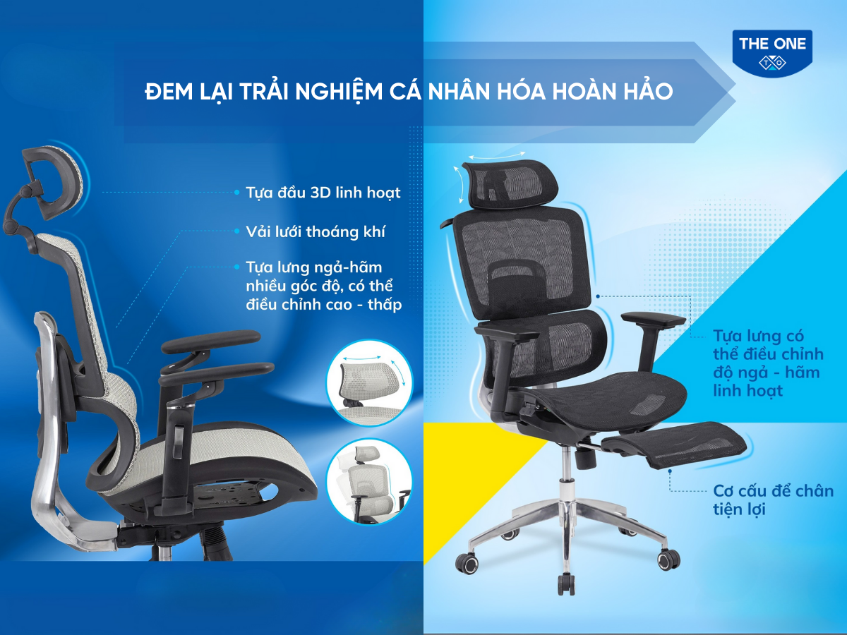 Ghế công thái học bao gồm nhiều tính năng đem lại sự linh hoạt và tiện lợi. 