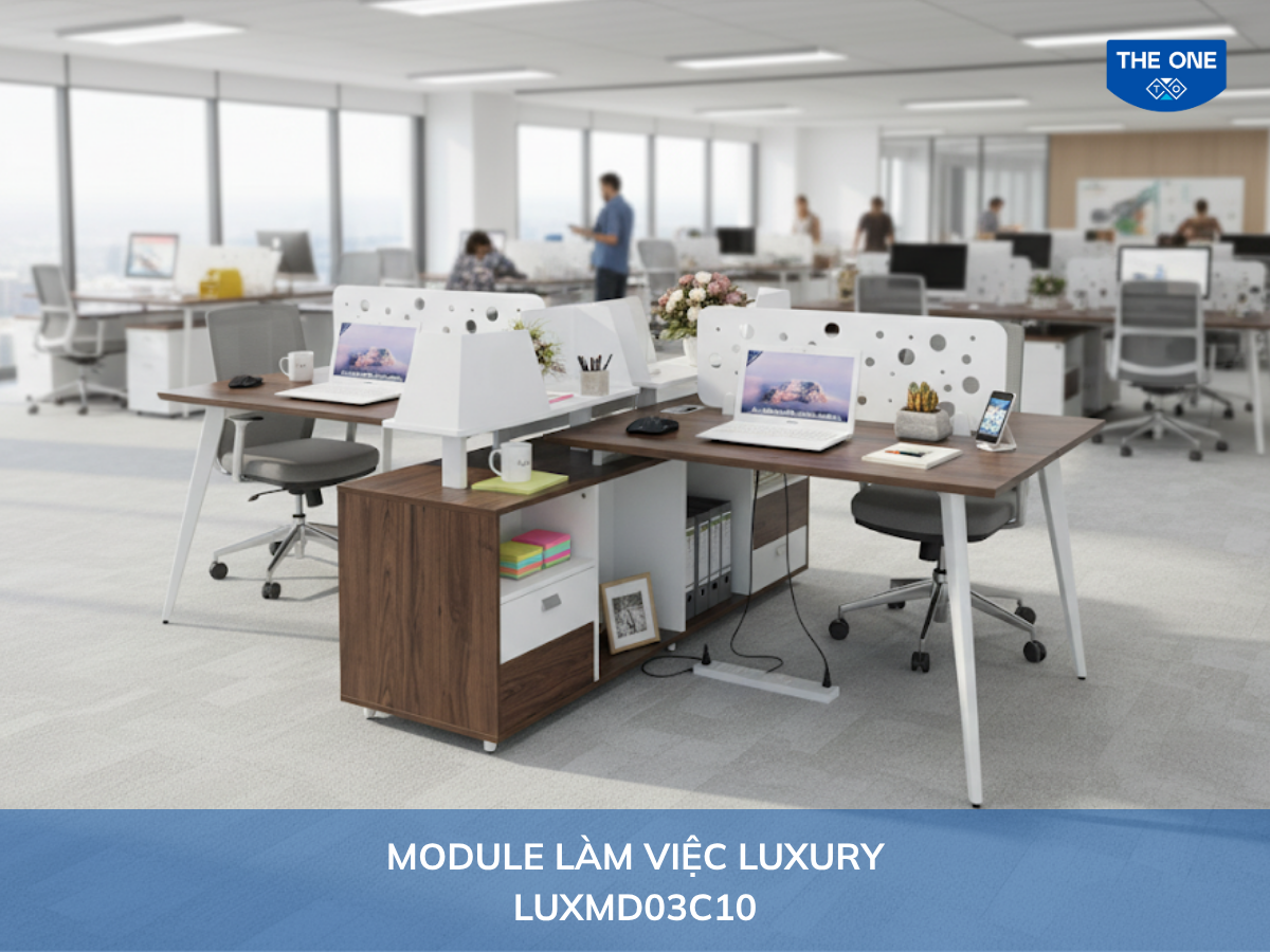 Bàn làm việc LUXMD03C10 - W2650 x D2000 x H1070mm, màu M6/M52 (nâu gỗ, trắng ghi).