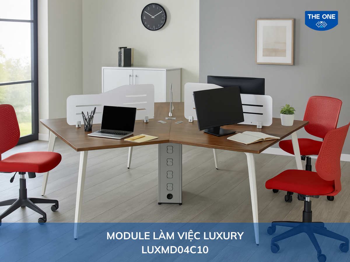 Bàn làm việc LUXMD04C10 - W1400 x D1406 x H1150mm, màu N6/M52 (nâu gỗ, trắng ghi).
