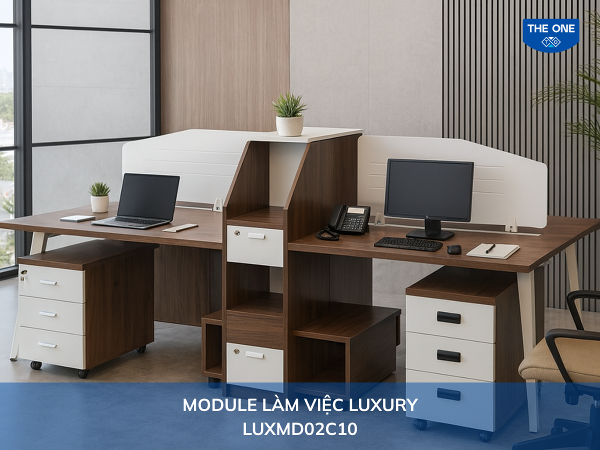 Bàn văn phòng LUXMD02C10 - W2800 x D1205 x H1200mm, màu M6/M52 (nâu gỗ, trắng ghi).