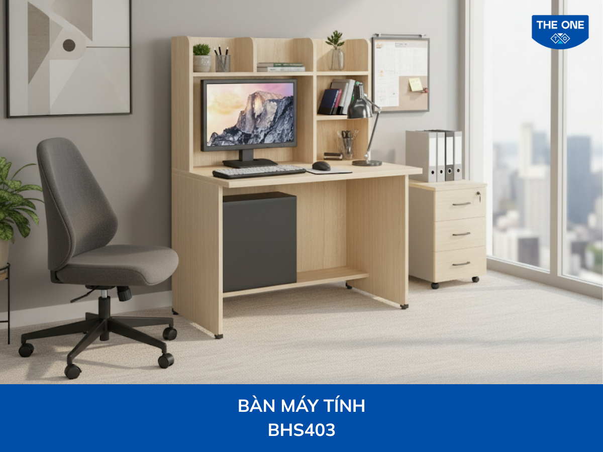 Bàn máy tính liền giá Rộng 1000 x Sâu 500 x Cao 1200mm, màu vân gỗ sáng.