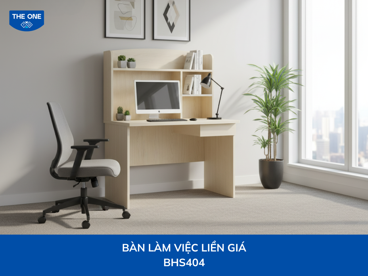 Bàn làm việc liền giá W1000 x D500 x H1200mm, màu vân gỗ sáng.